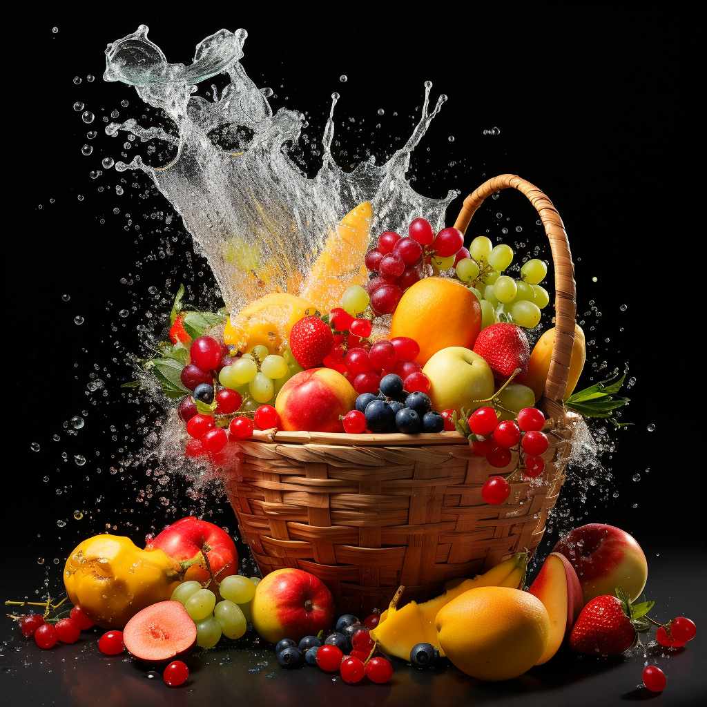 Colorful fruit basket with splashing juice