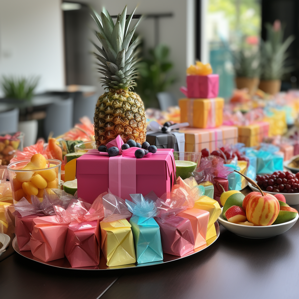 Colorful fruit-themed birthday party table with presents