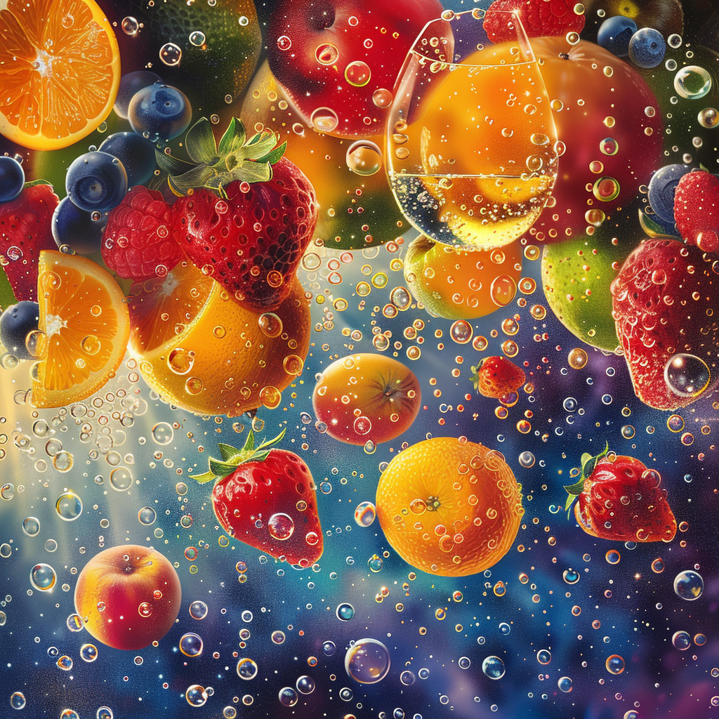 Colorful fruit and bubbles background