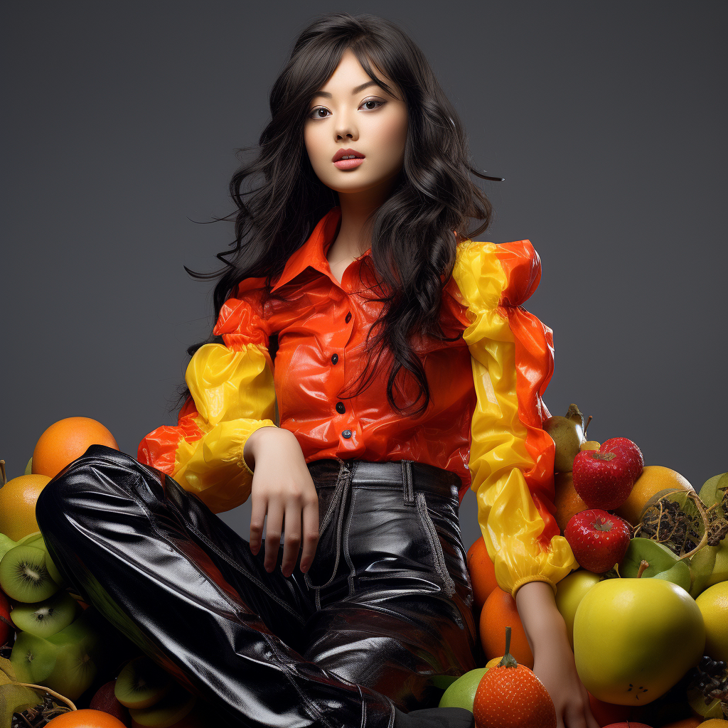 Smiling female model wearing fruit clothes