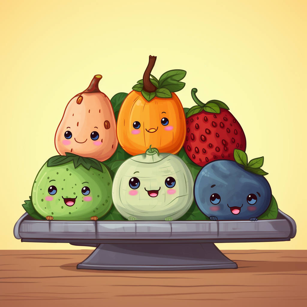 Chibi character using weight scale with fruits and vegetables