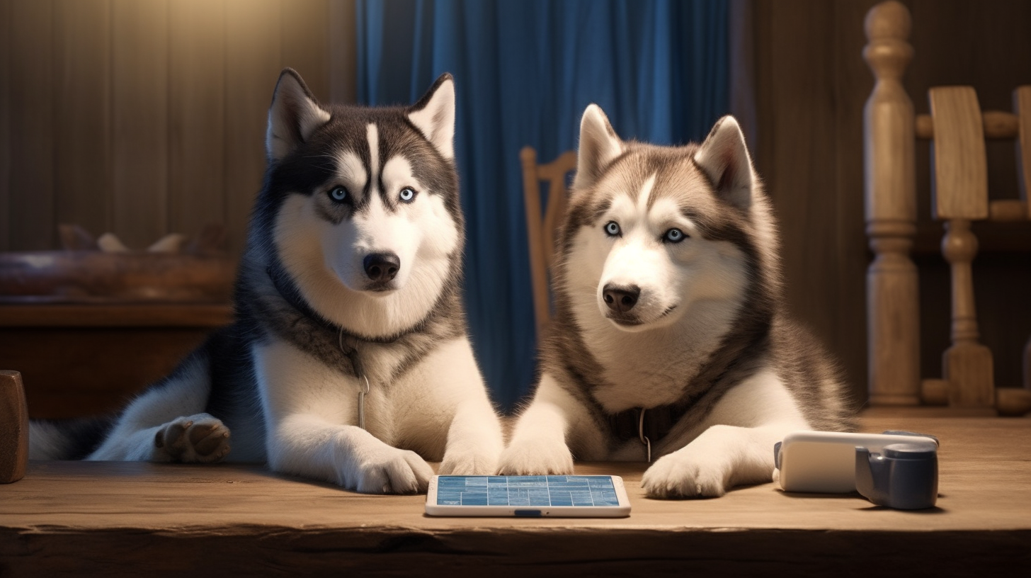 Two husky dogs frustrated with WiFi