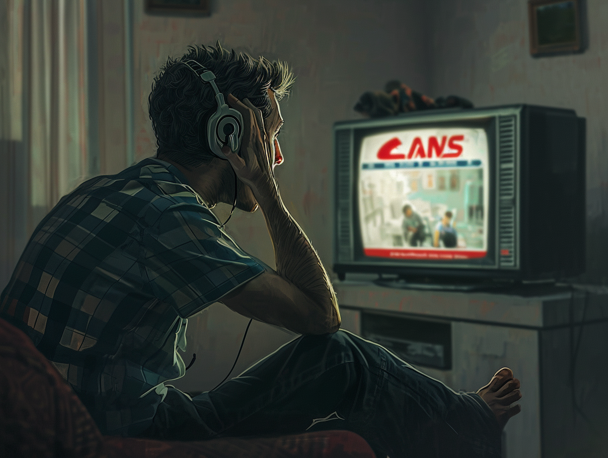 Frustrated man watching TV CNN News