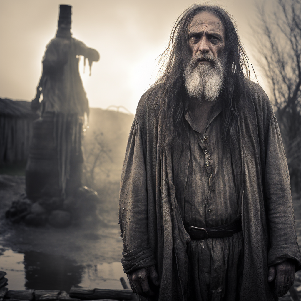 Frustrated old farmer near well with ghost