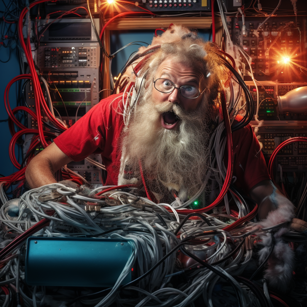 Santa Claus tangled in cables