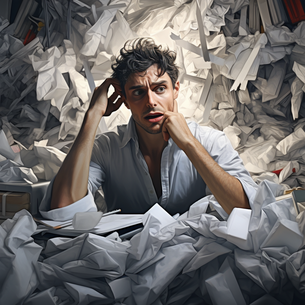 Frustrated author surrounded by crumpled paper