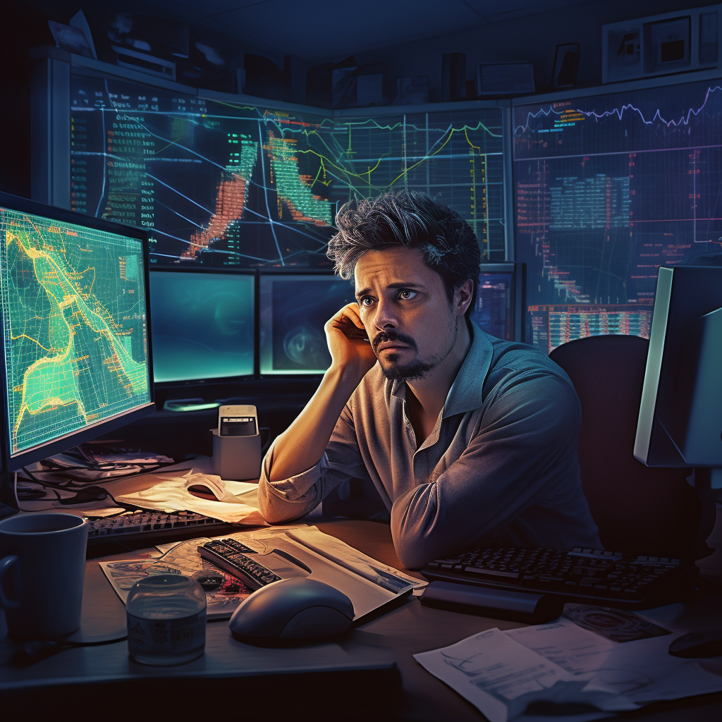 Frustrated day trader working at desk