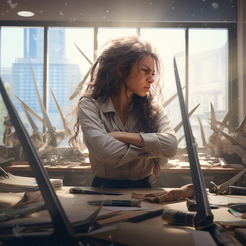Frustrated female employee at office desk with swords outside