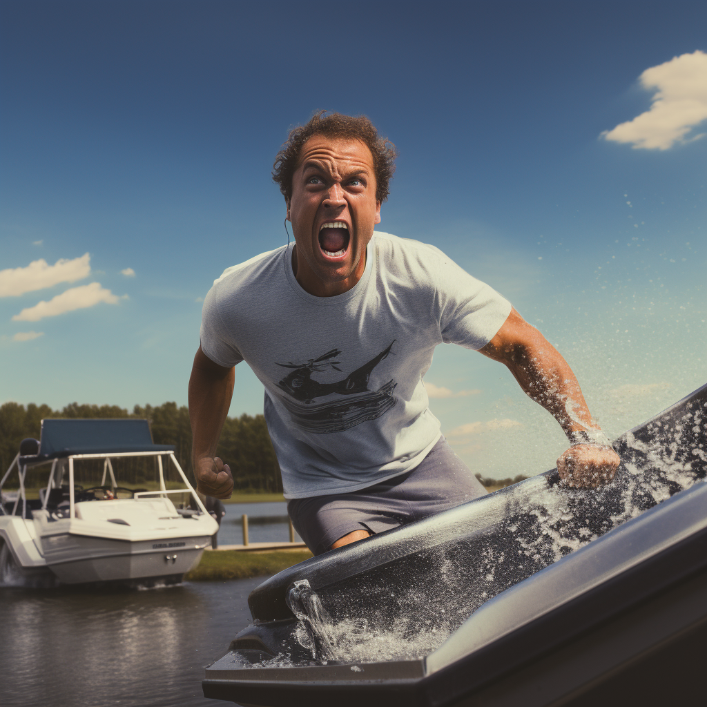 Middle aged man water skiing with frustration