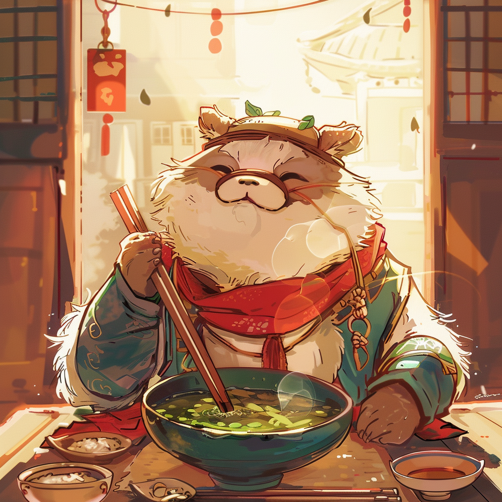 Fu Bao enjoying rice soup