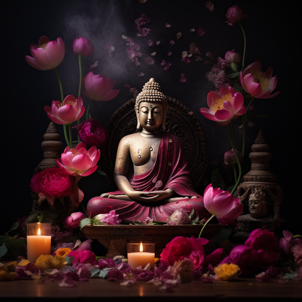 Fuchsia Buddha covered in flowers