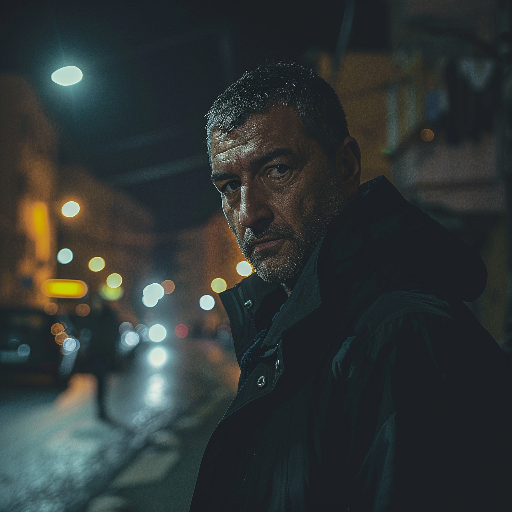 Fugitive man observing street at night