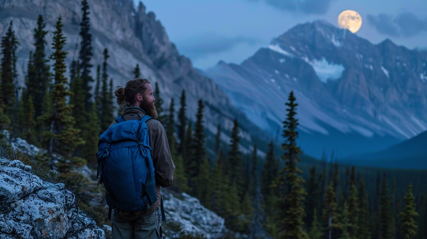 Bearded man watching full moon rise