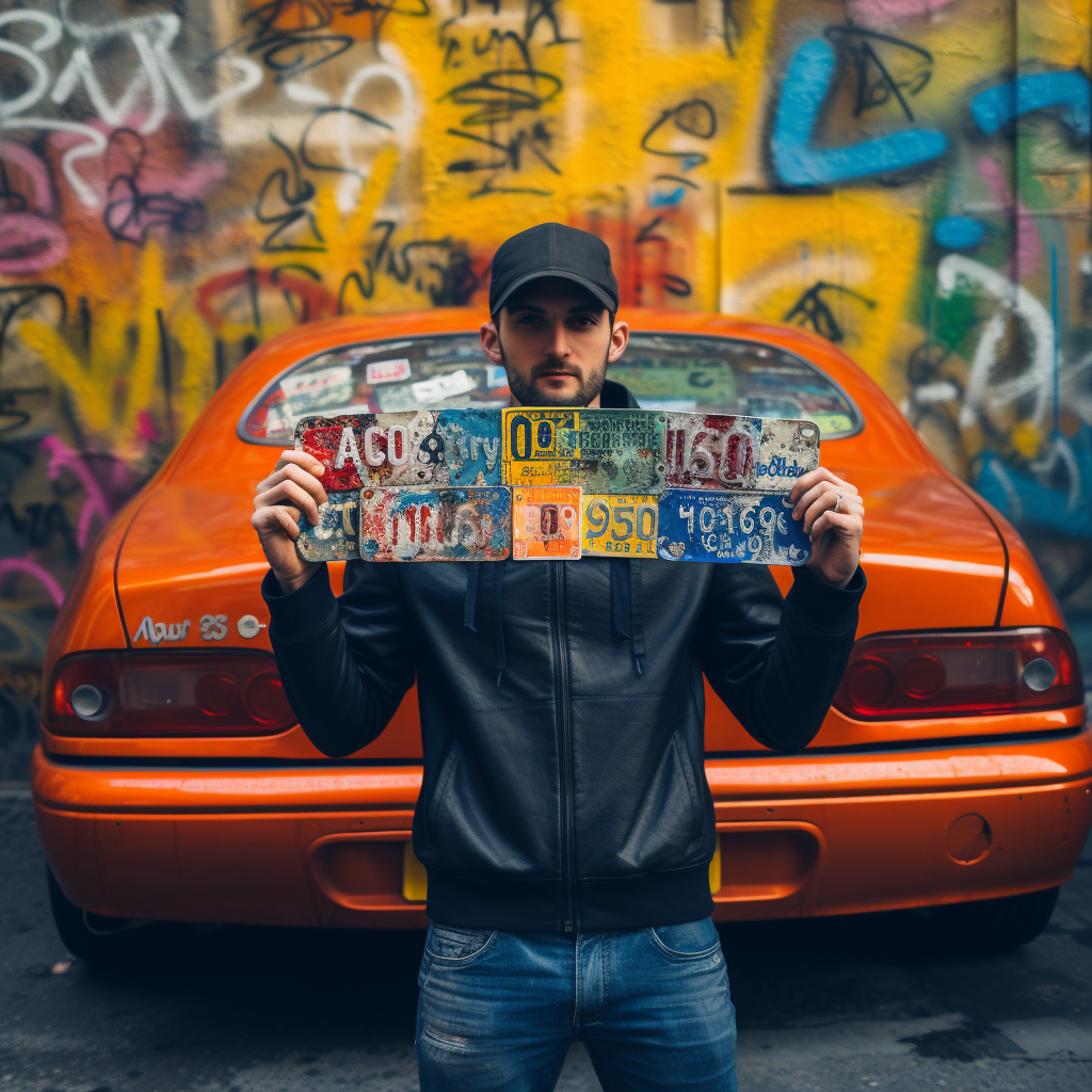 Man's hand showing license plate