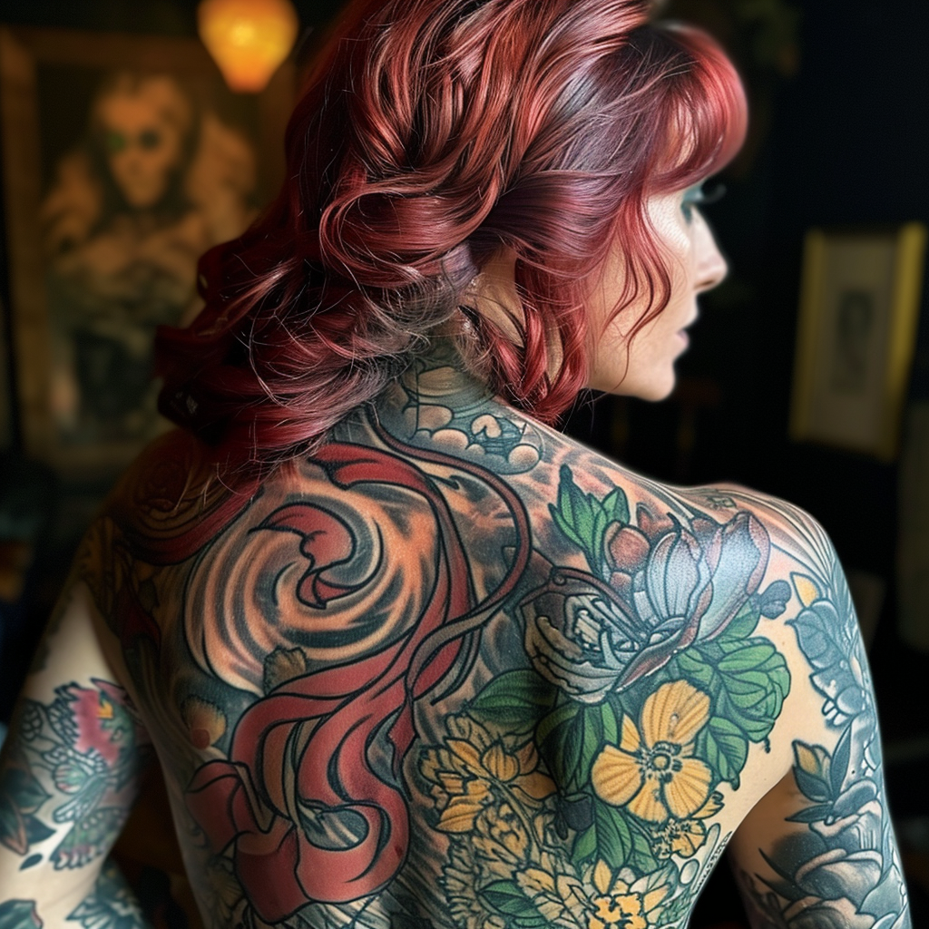 Red haired woman with full body tattoos from behind