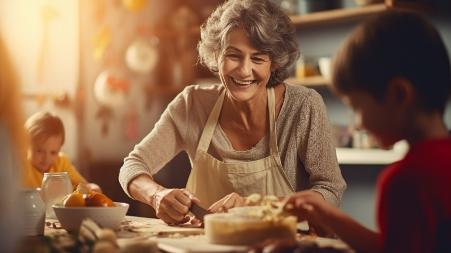 Middle-aged woman cooking happily with her grandchildren