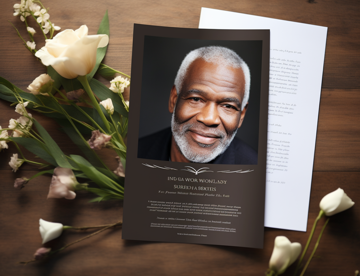 Cinematic lighting photo of an elder Black man on funeral program