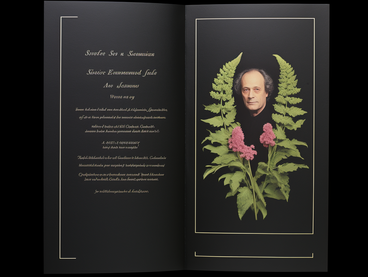 Formal funeral program with dark background and pink Mimosa Pudica flowers