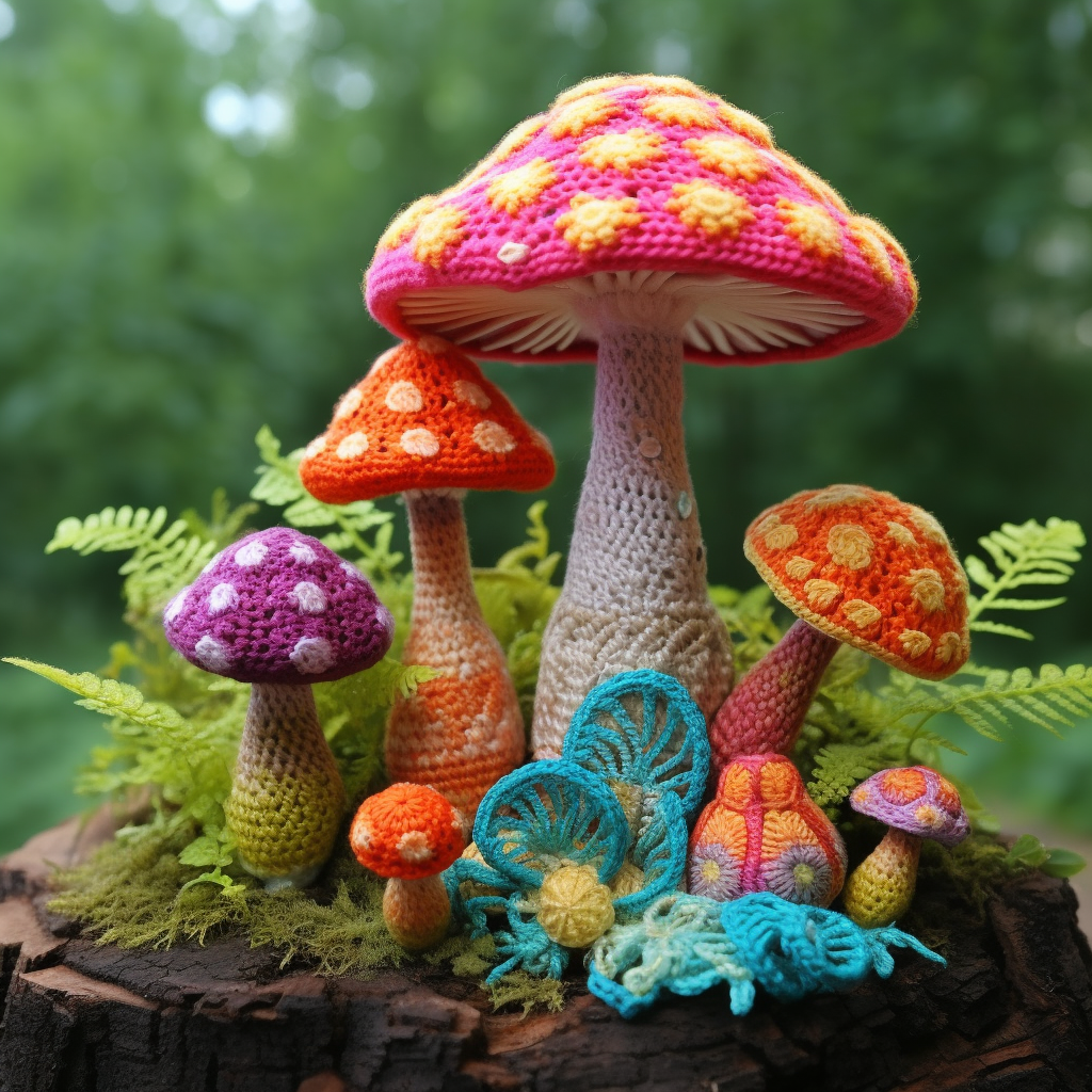 Colorful crochet fungi toy with fancy details