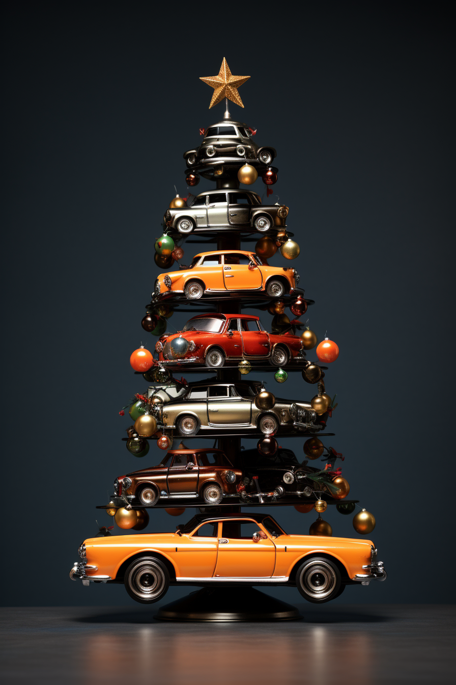 Futuristic cars around funky Christmas tree