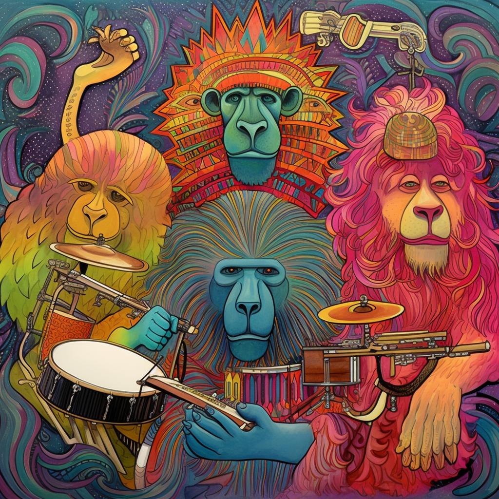 Funky gorillas and lion jamming