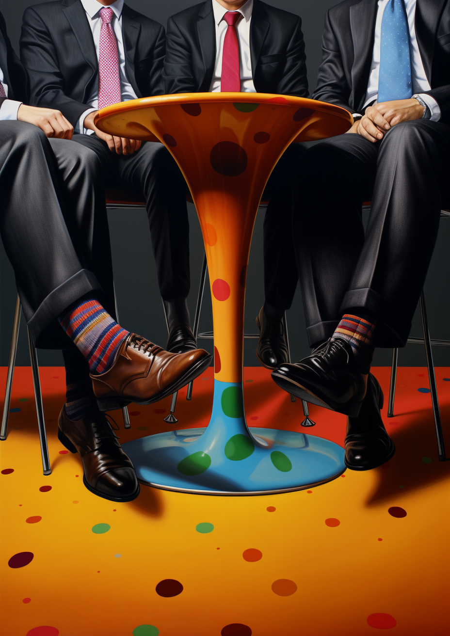 Businessmen with funky socks under round table