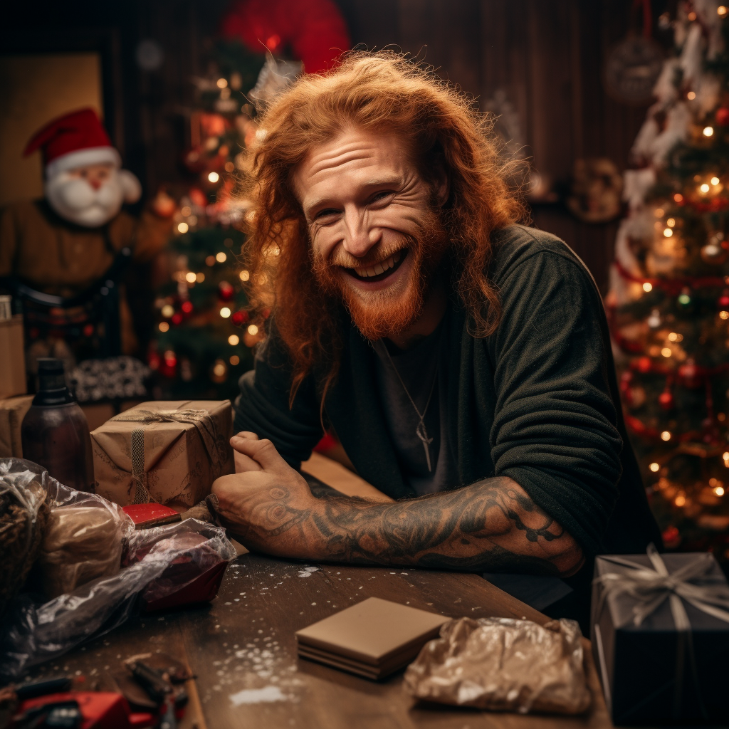 Energetic man wrapping New Year presents