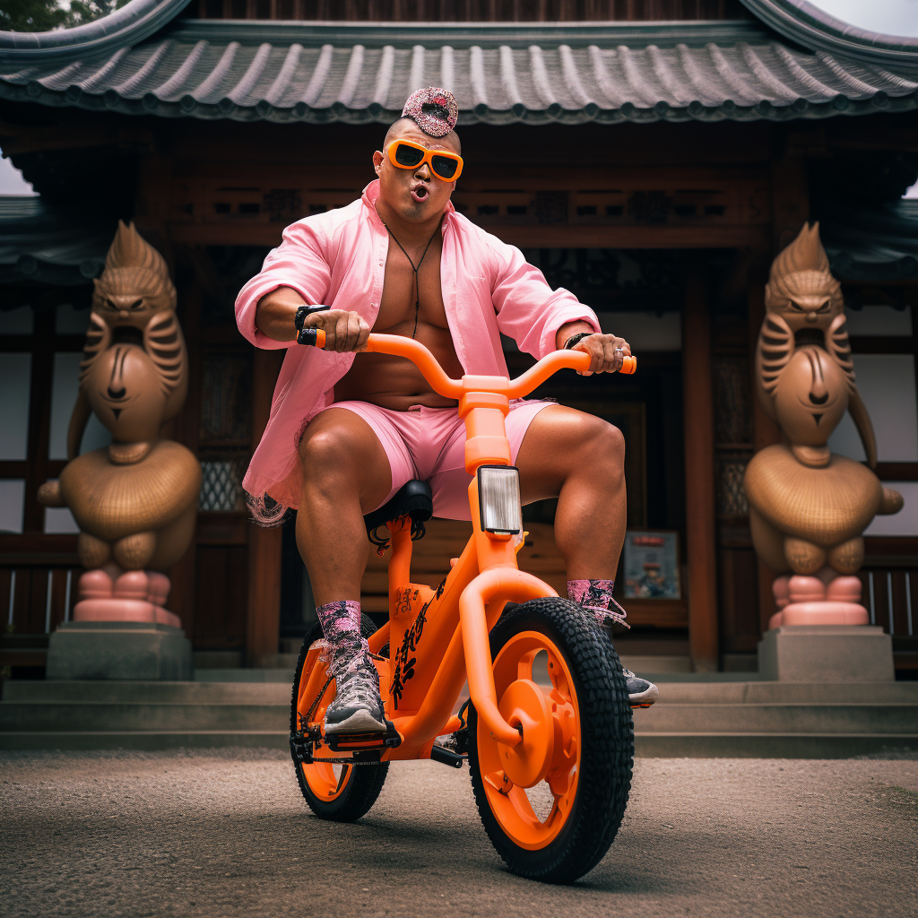 Funny bodybuilder on electric bicycle near Japanese temple