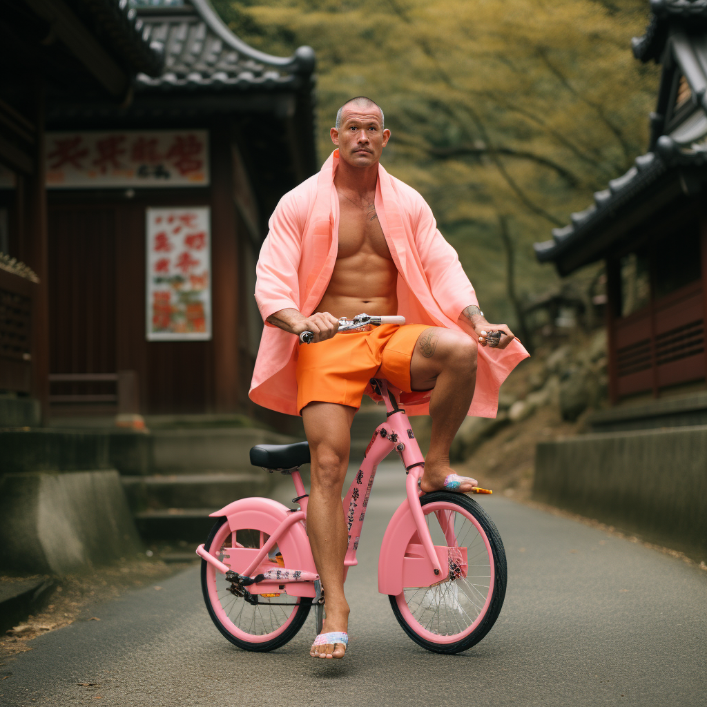 Funny bodybuilder on electric bicycle at Japanese temple