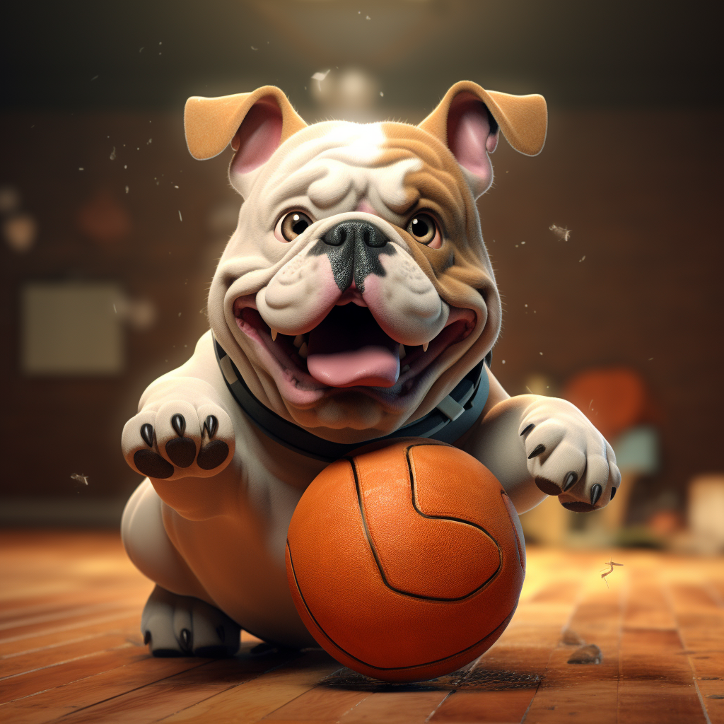 Funny bulldog with volleyball in mouth