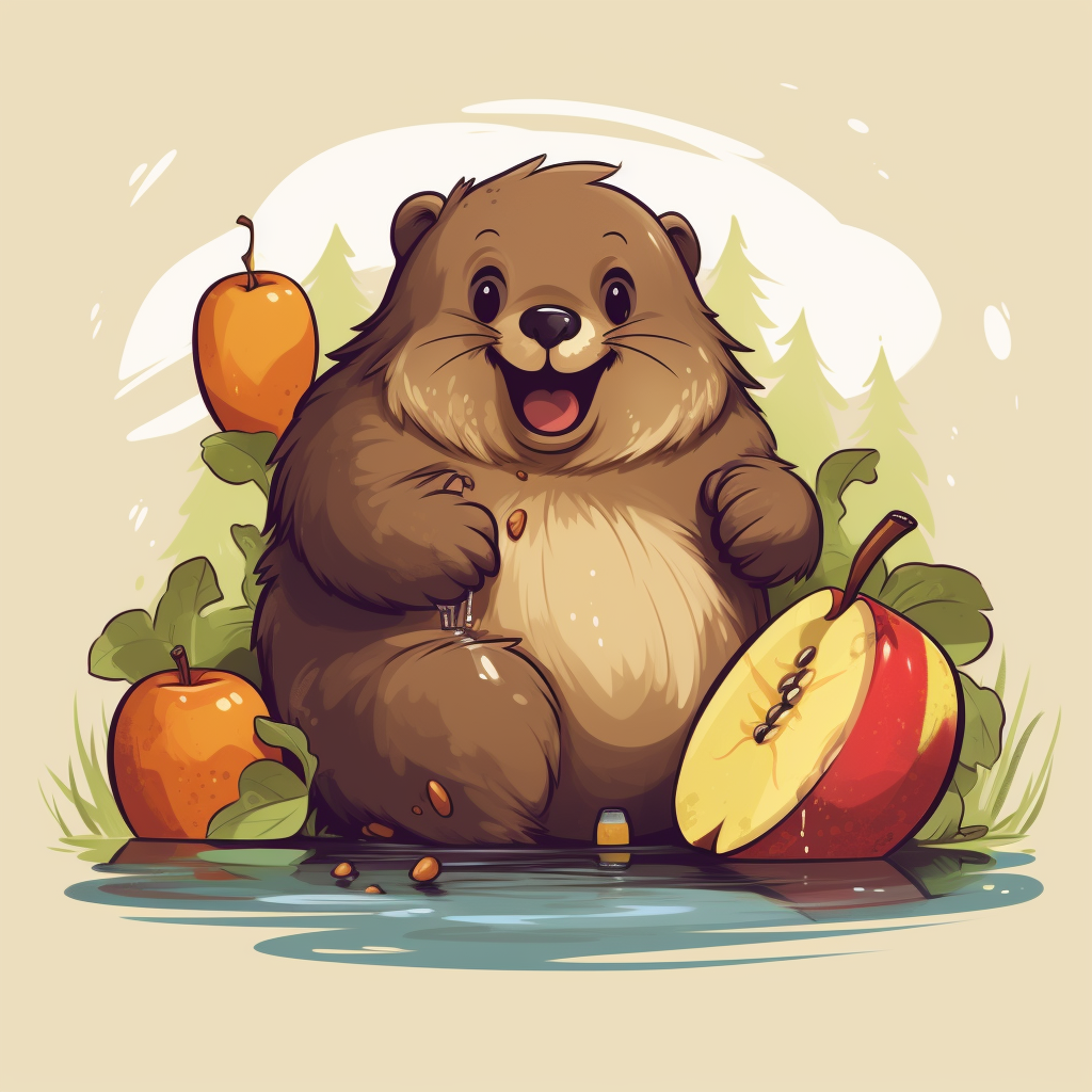 Funny cartoon beaver eating fruit