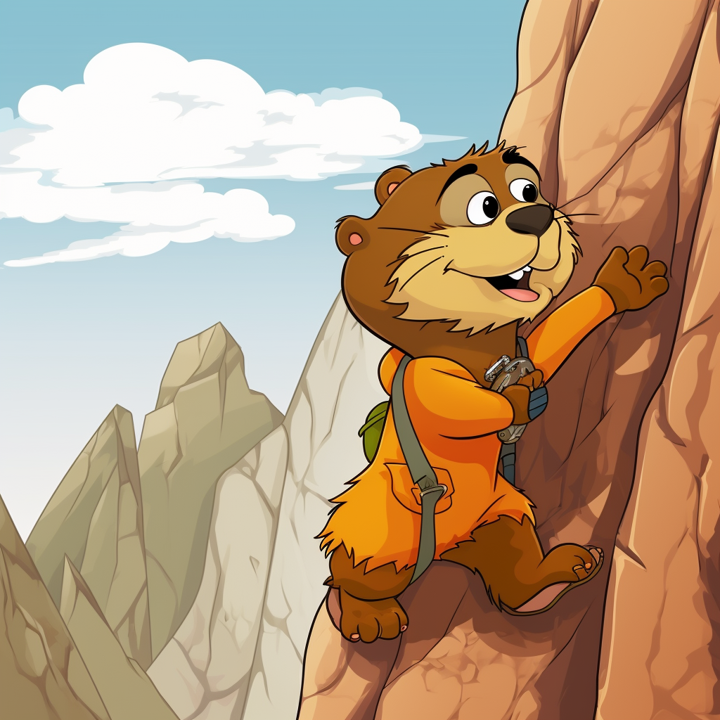 Funny cartoon marmot rock climbing in 70s style