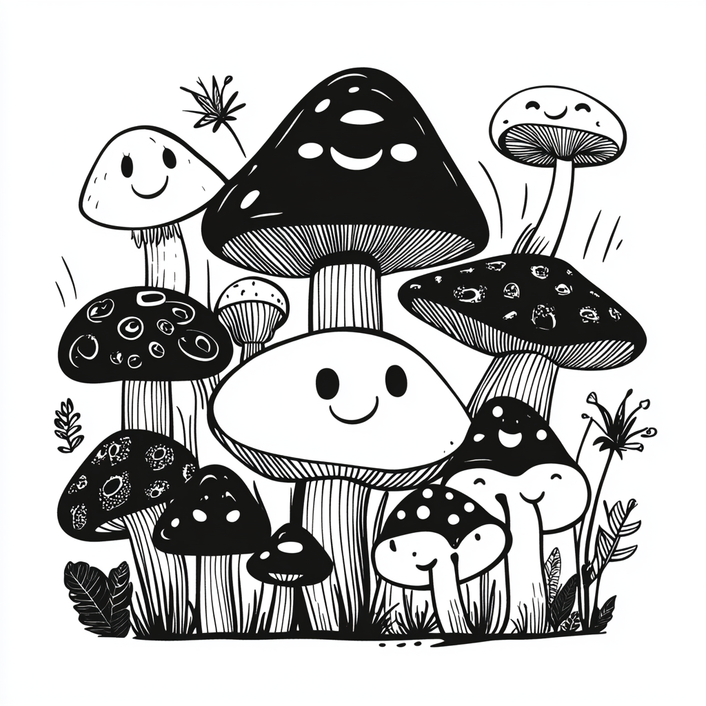 Happy cartoon mushrooms in variety