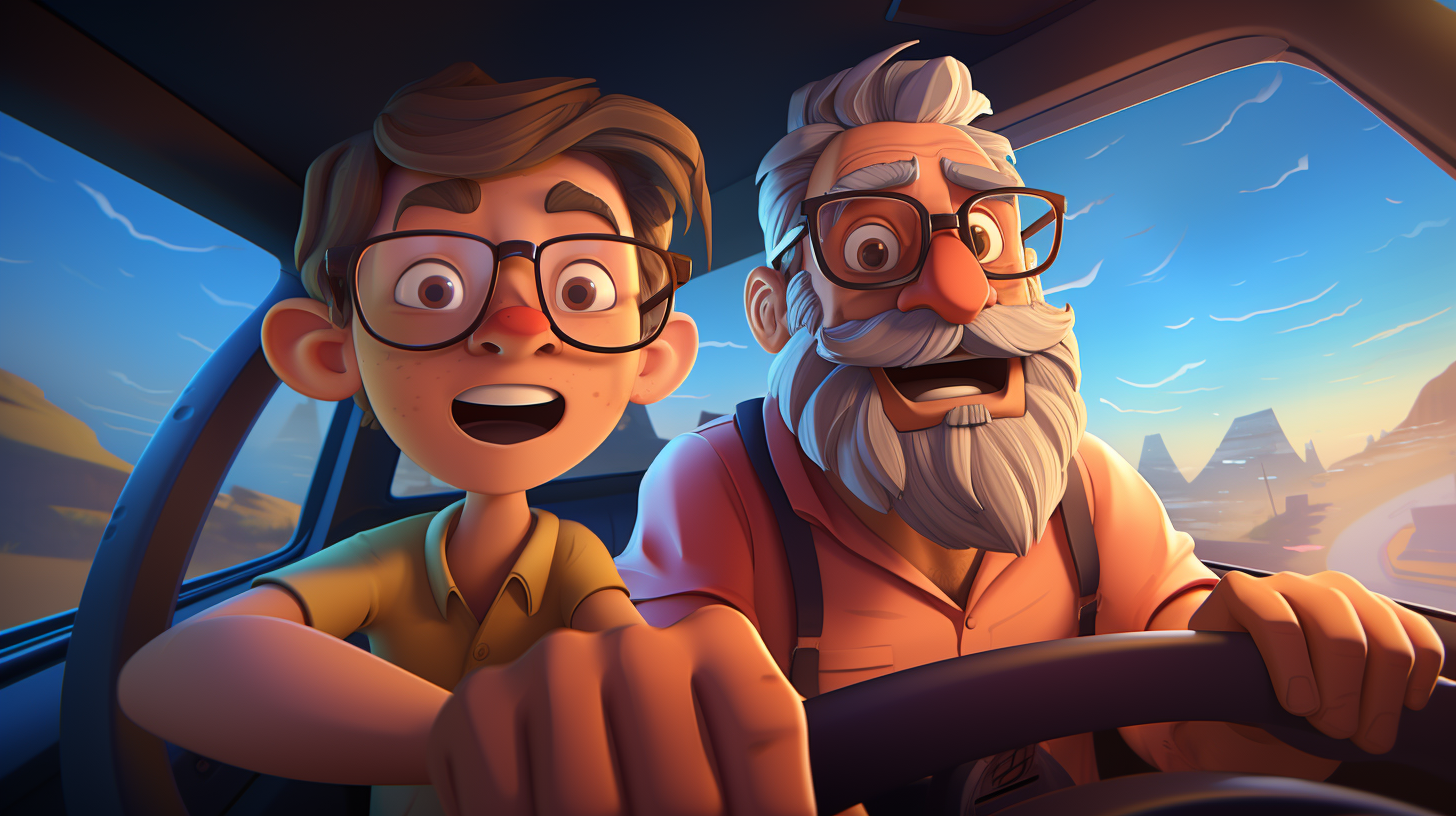 Funny cartoon of an old man driving with kid