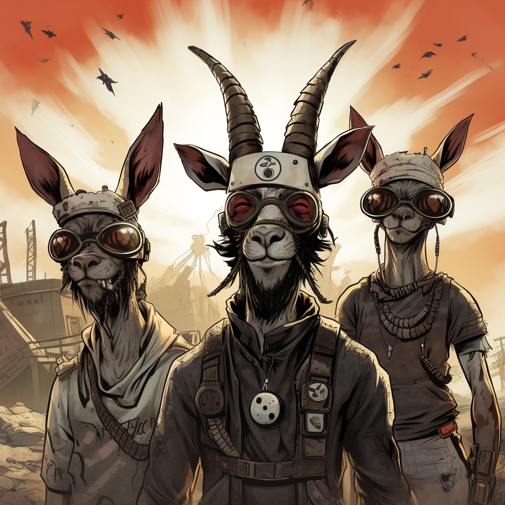 Four Tough Men with Goat Faces in Apocalyptic Background