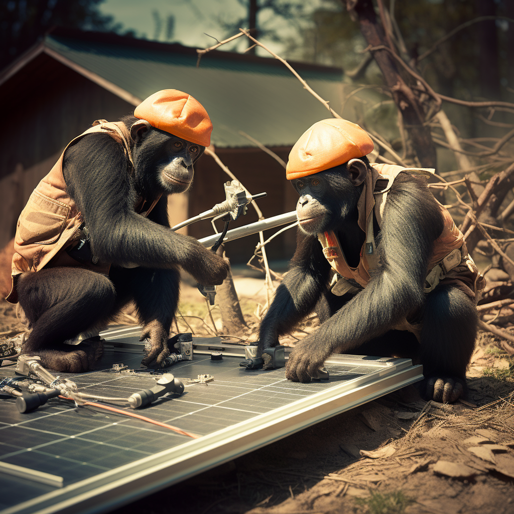 Chimpanzee construction crew installing solar panels