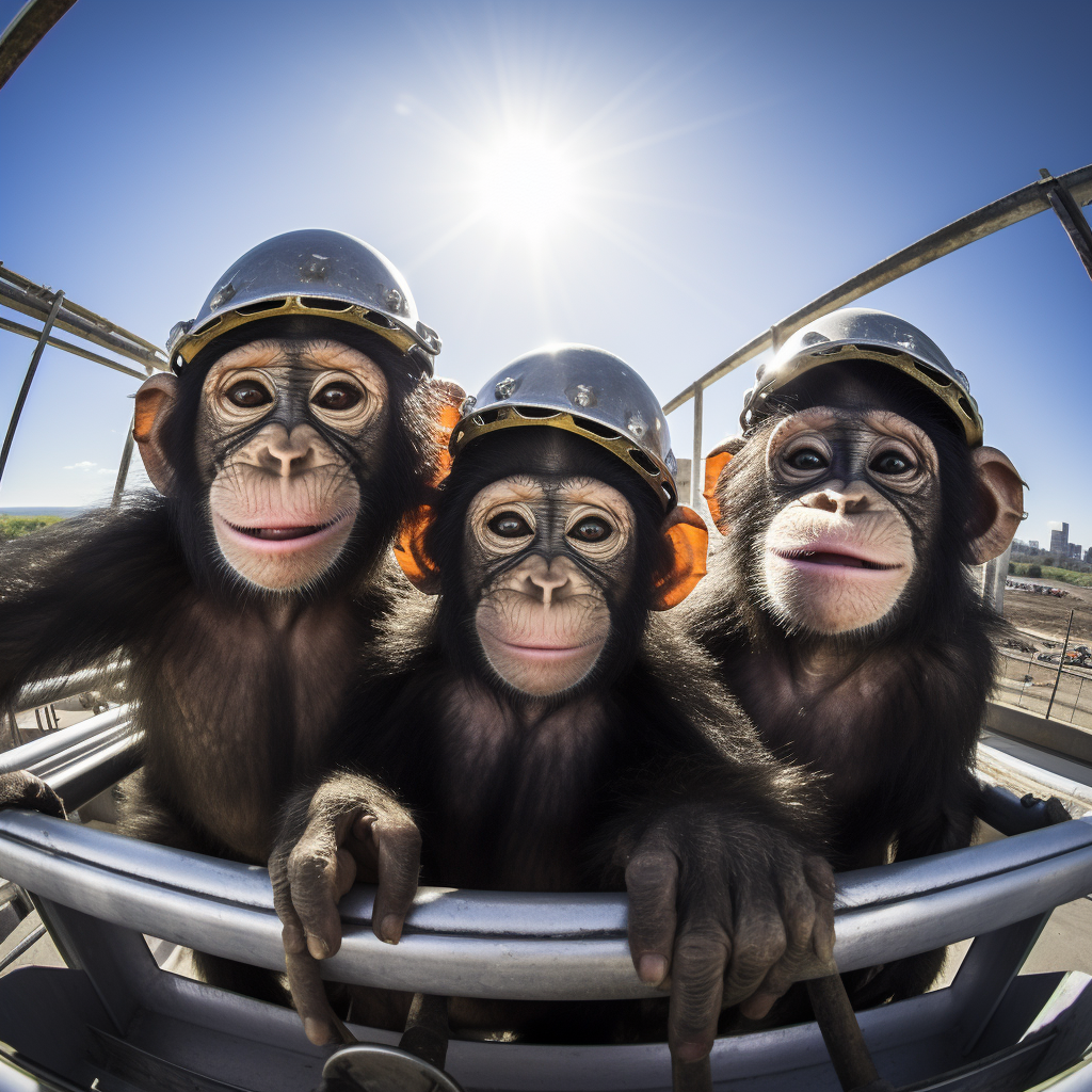 Funny chimpanzees wearing construction hats and vests