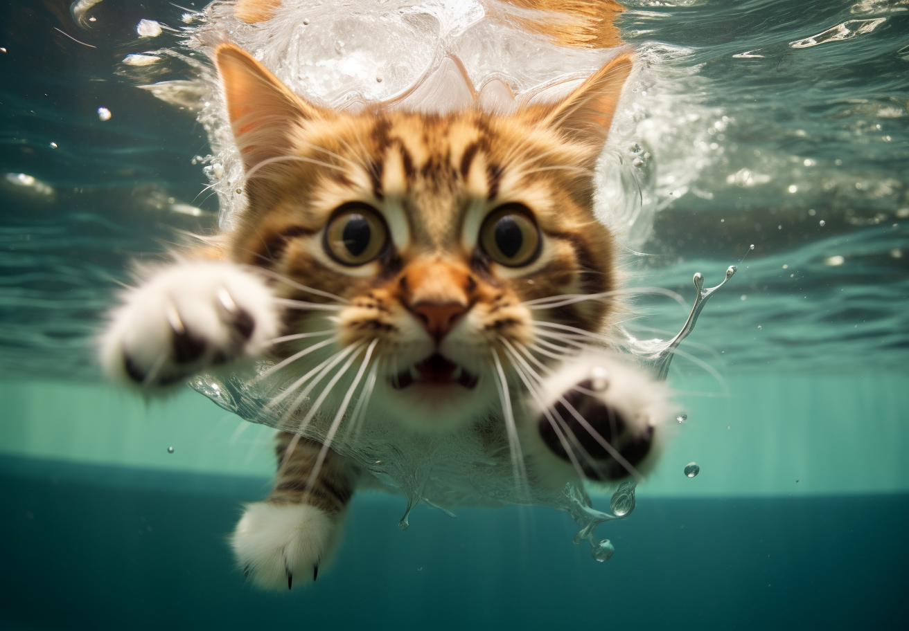 Funny cute cat lost underwater