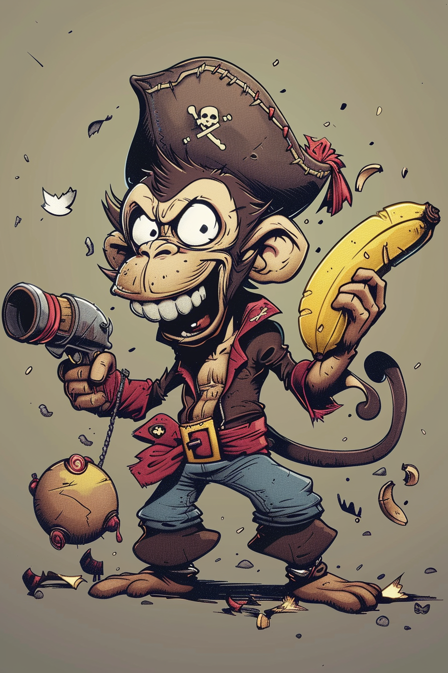 Funny pirate monkey with banana and bomb