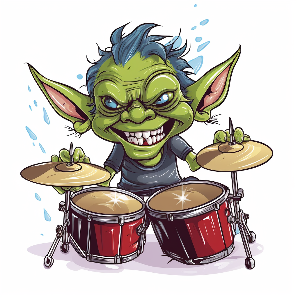 Playful goblin drummer with chibi D&D style