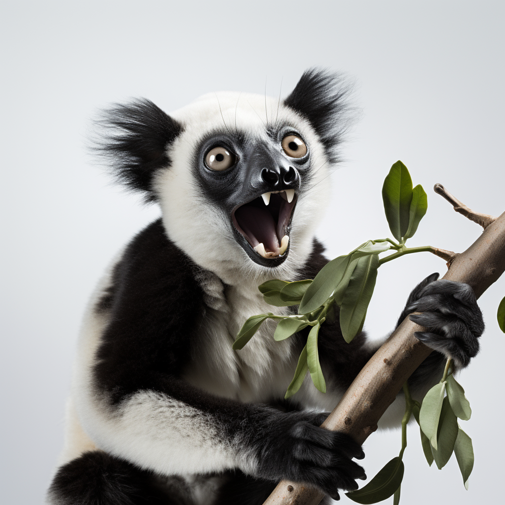 Funny Indri Lemur Eating Leaf on Branch