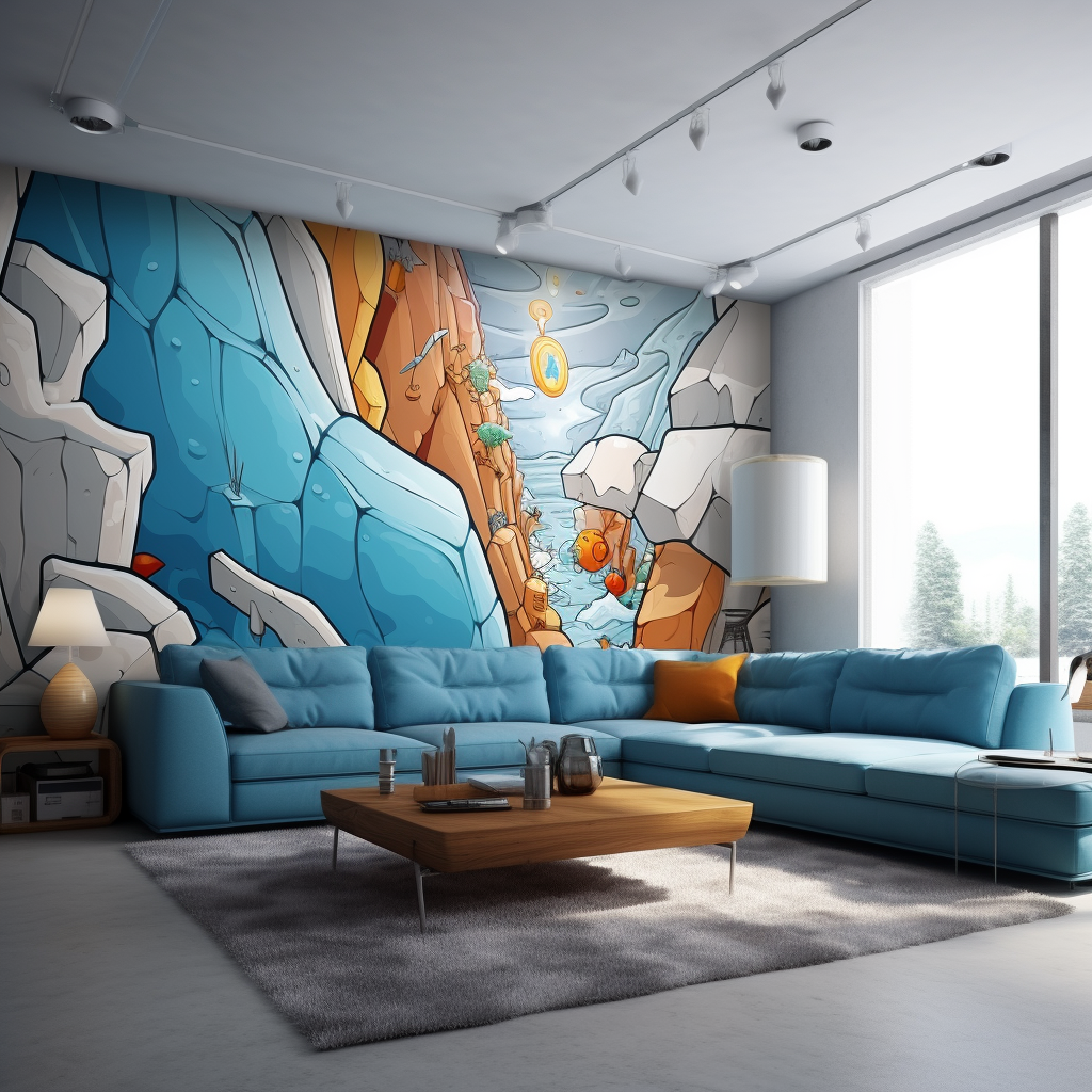 Cartoon living room renovation with marble texture wall