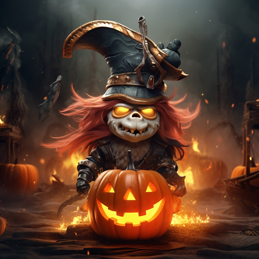 Funny pirate wearing pumpkin helmet and smoke