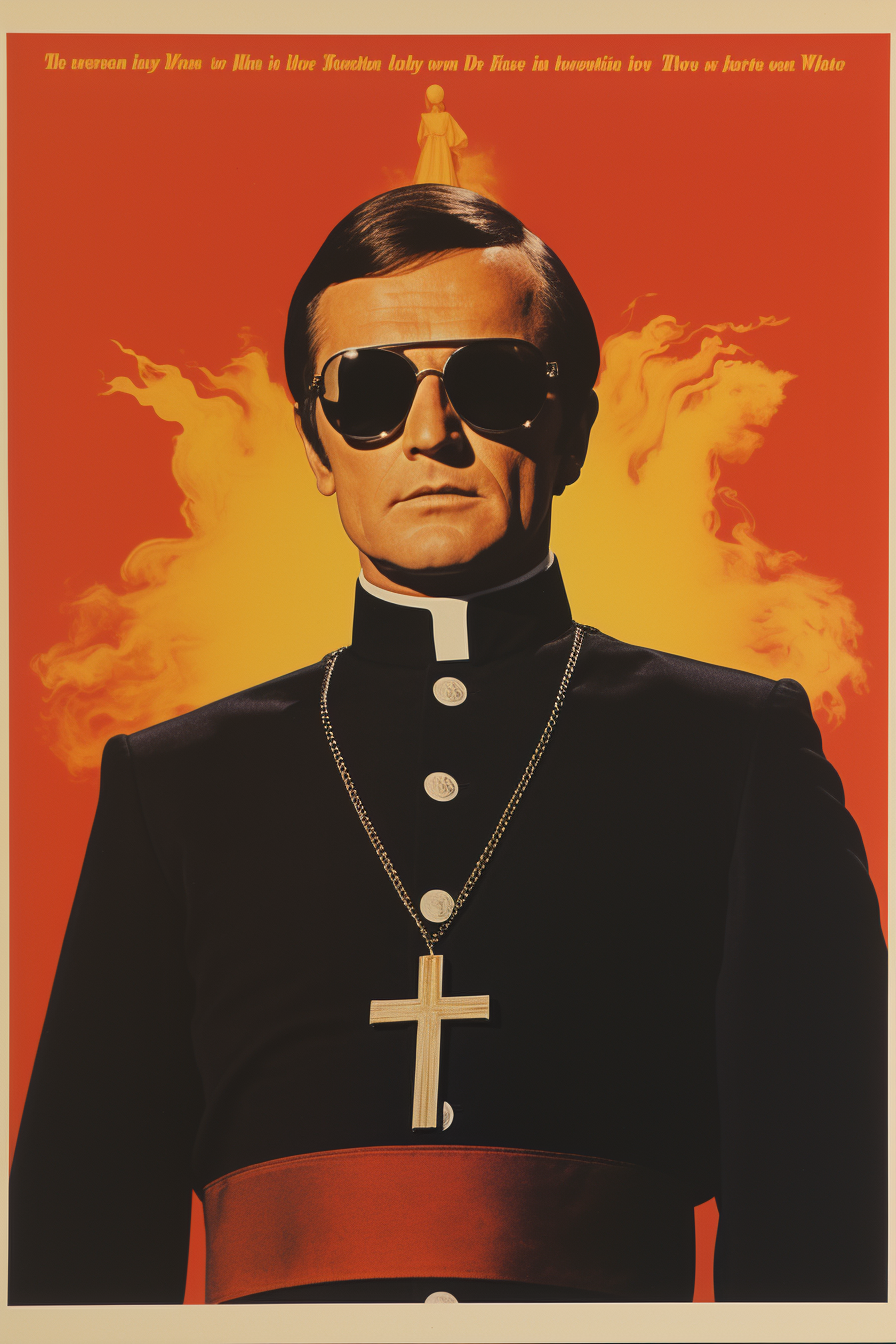 Funny priest in 1970s movie poster