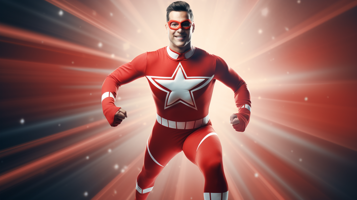 Funny super hero in red and white costume