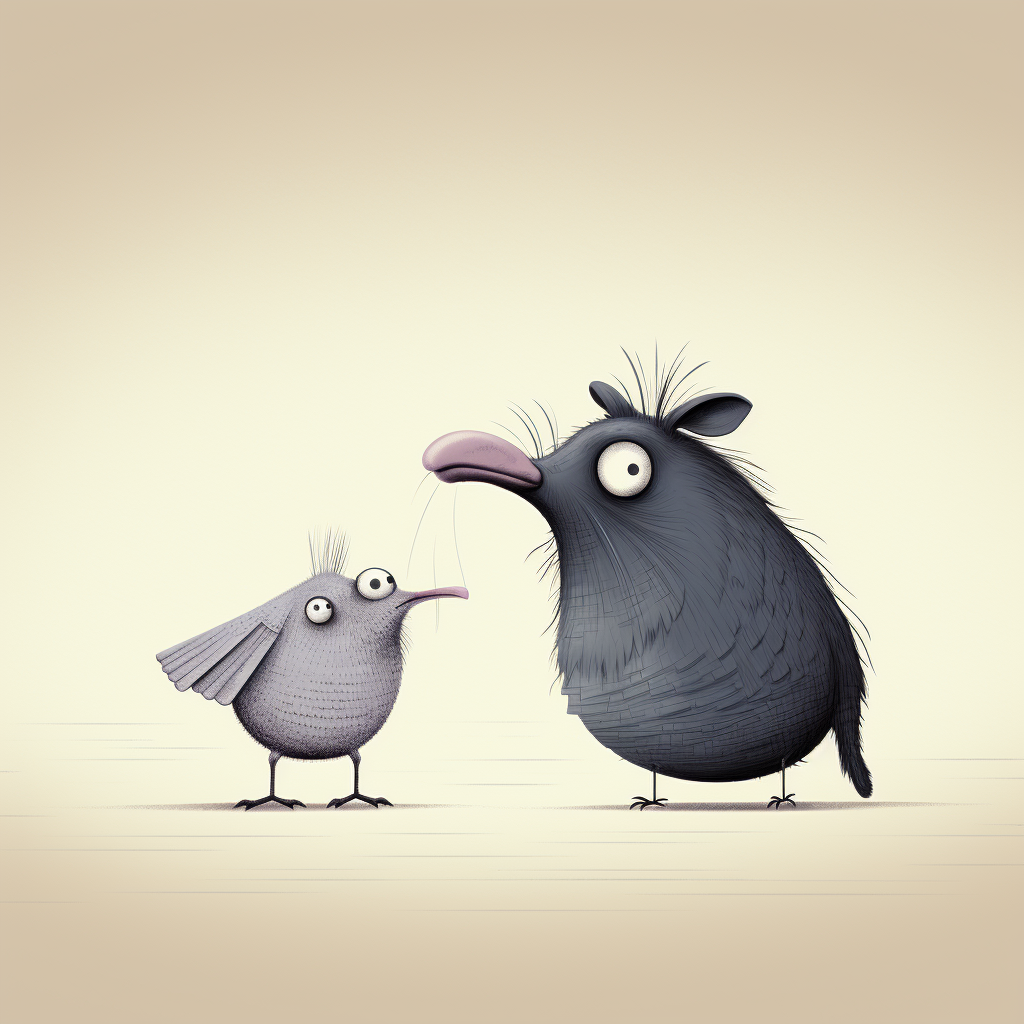 Funny surreal cartoon illustration of a rat and a pigeon