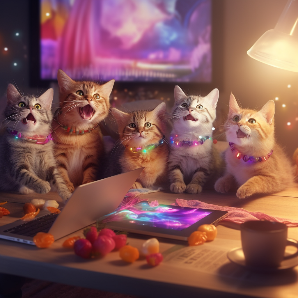 Happy cats in a funny virtual video conference