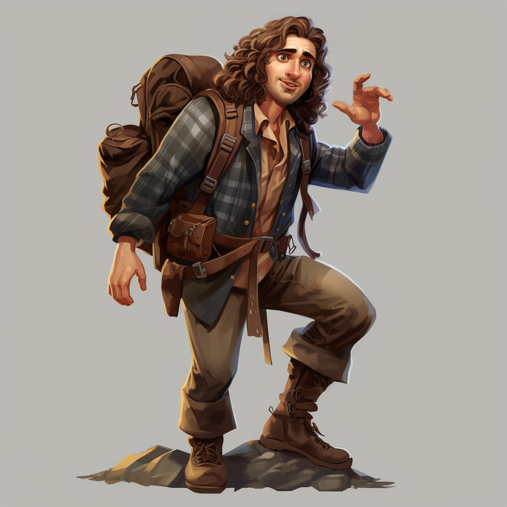 Funny arrogant man adventurer with curly hair