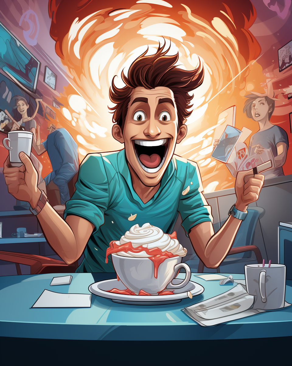 Funny person enjoying coffee and ice cream