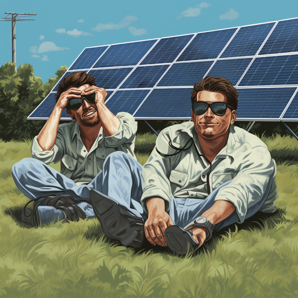 Funny photovoltaic technicians laying on grass